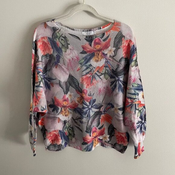 Luisa Ricci Women SZ L Gray Floral Print Dolman Sleeve Lightweight Knit Sweater - Picture 1 of 8